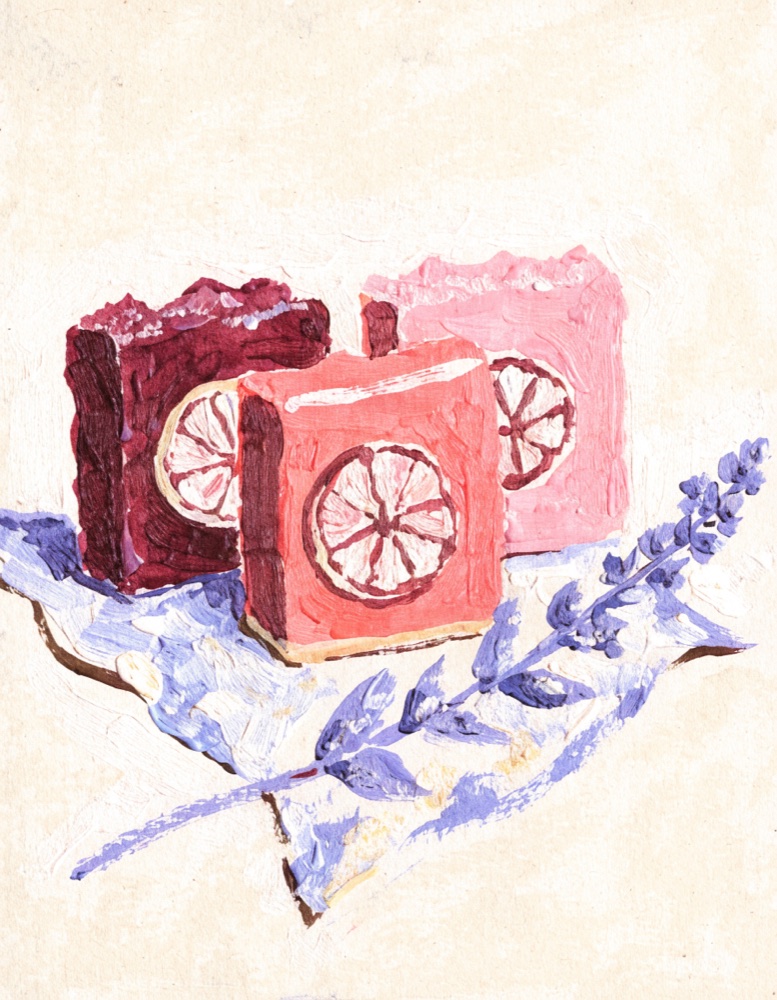 Ilustración de tres jabones artesanales con rodajas de limón y lavanda