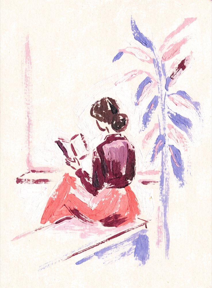 Ilustración de una mujer leyendo junto a una ventana con una planta