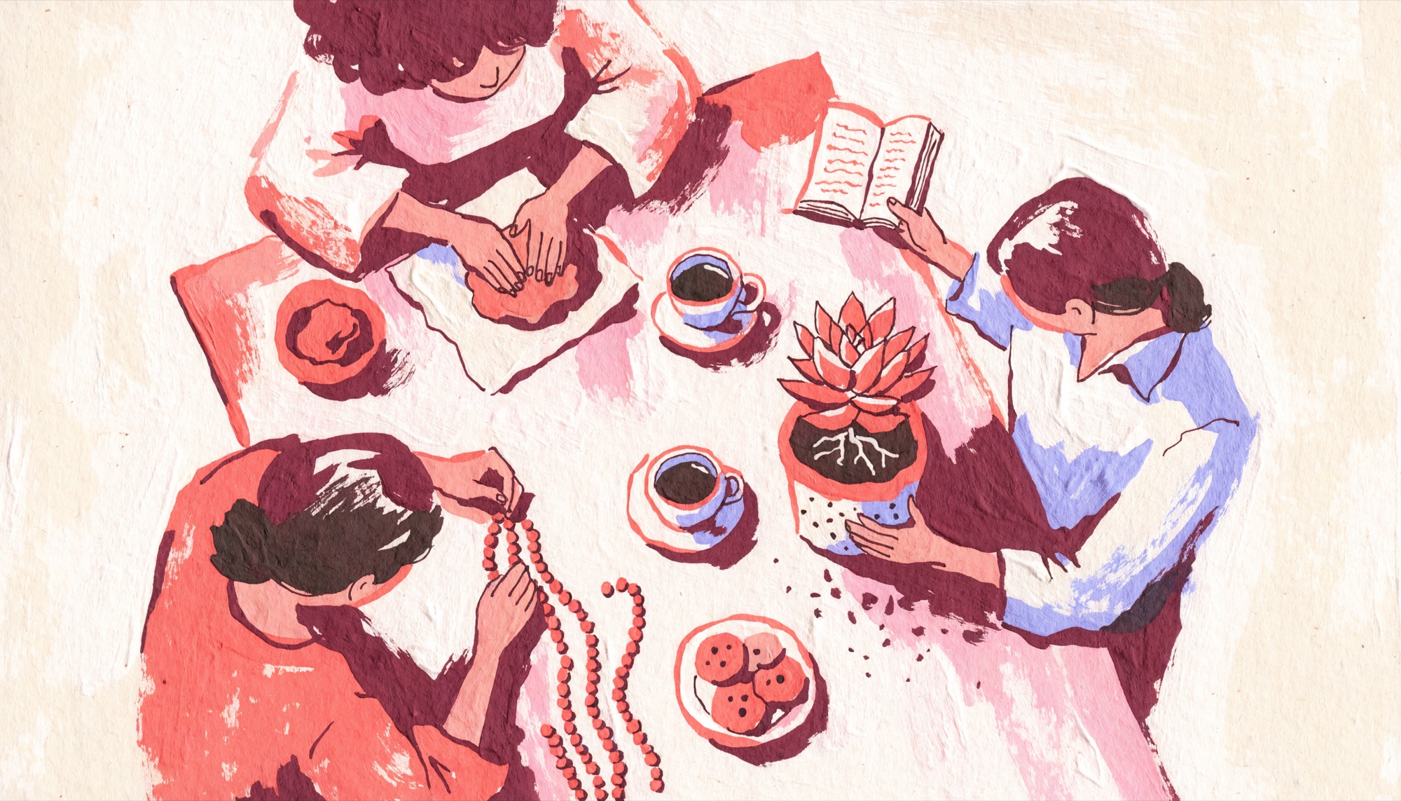 Ilustración de varias mujeres alrededor de una mesa: una modela barro, otra enhebra cuentas, otra planta una suculenta y otra lee