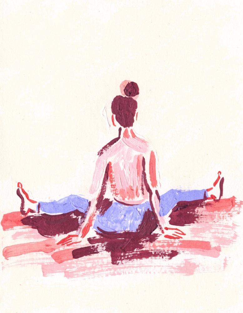 Ilustración de una mujer de espaldas estirando sobre una esterilla